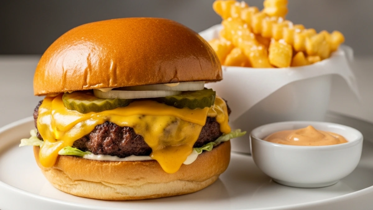 Delicious steamed cheeseburger loaded with melted cheese, pickles, and onion, served with crinkle-cut French fries and dipping sauce.