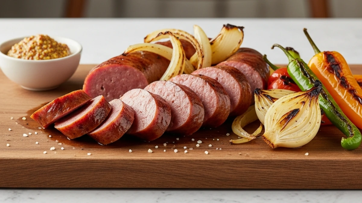 Slices of grilled Conecuh sausage arranged on a wooden board with charred onions, bell peppers, and a bowl of whole grain mustard.