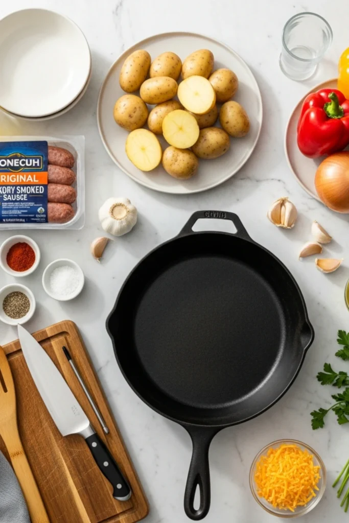 Smoky One-Pan Conecuh Sausage Recipe Ready in 30 Min 1 Flat lay of Conecuh sausage, baby potatoes, bell peppers, onion, garlic, spices, olive oil, parsley, and cheddar cheese arranged around a cast iron skillet on a marble counter with knife and spatula.