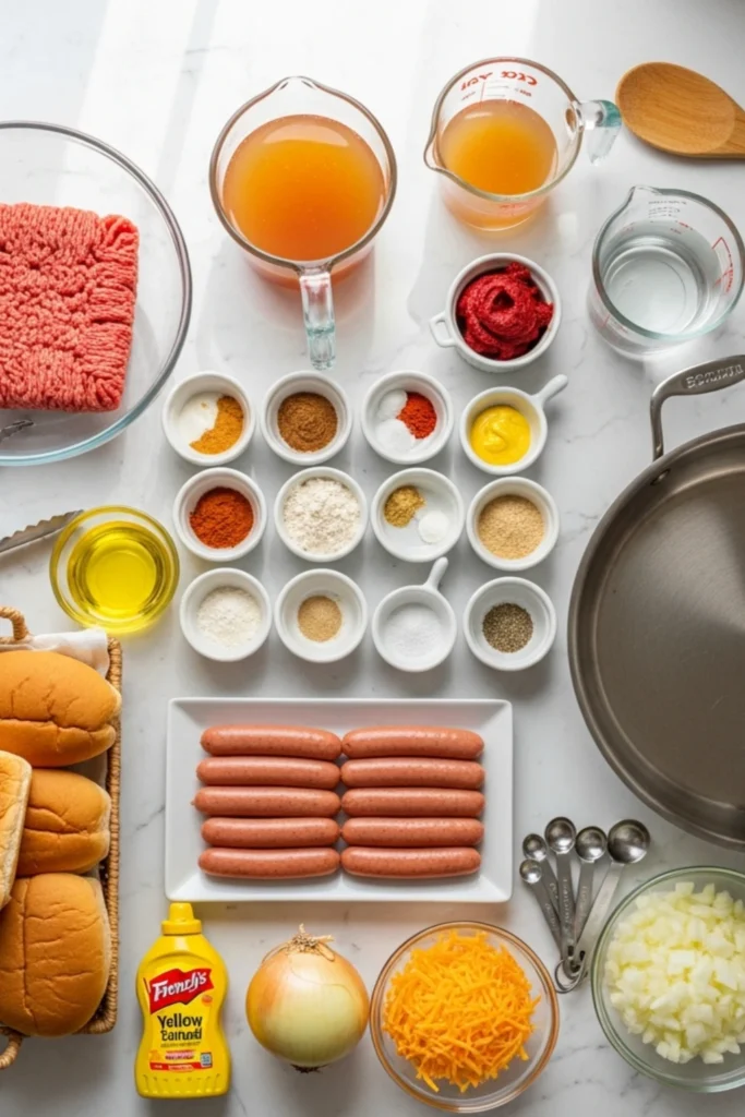 Detroit-Style Coney Dogs in 30 Min 1 Photorealistic flat lay of raw Coney dog ingredients: ground beef, hot dogs, buns, Detroit-style chili spices, cheese, and mustard.