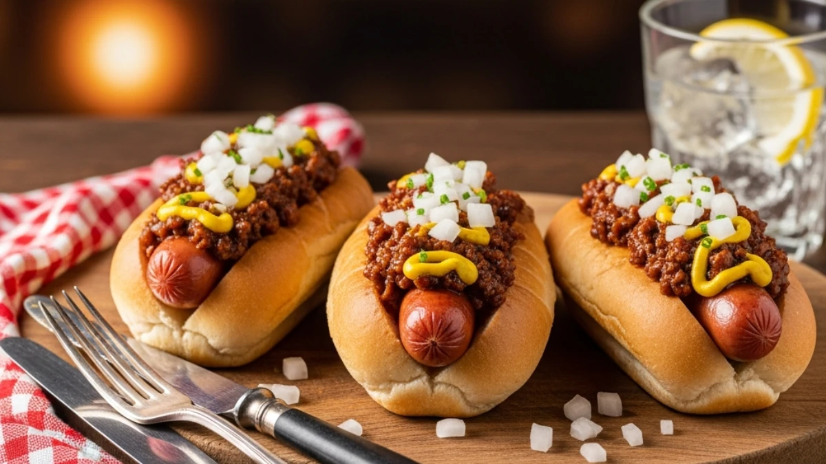 Three authentic Detroit-style Coney dogs topped with meat chili sauce, mustard, and diced white onions served on a rustic wooden board with utensils.