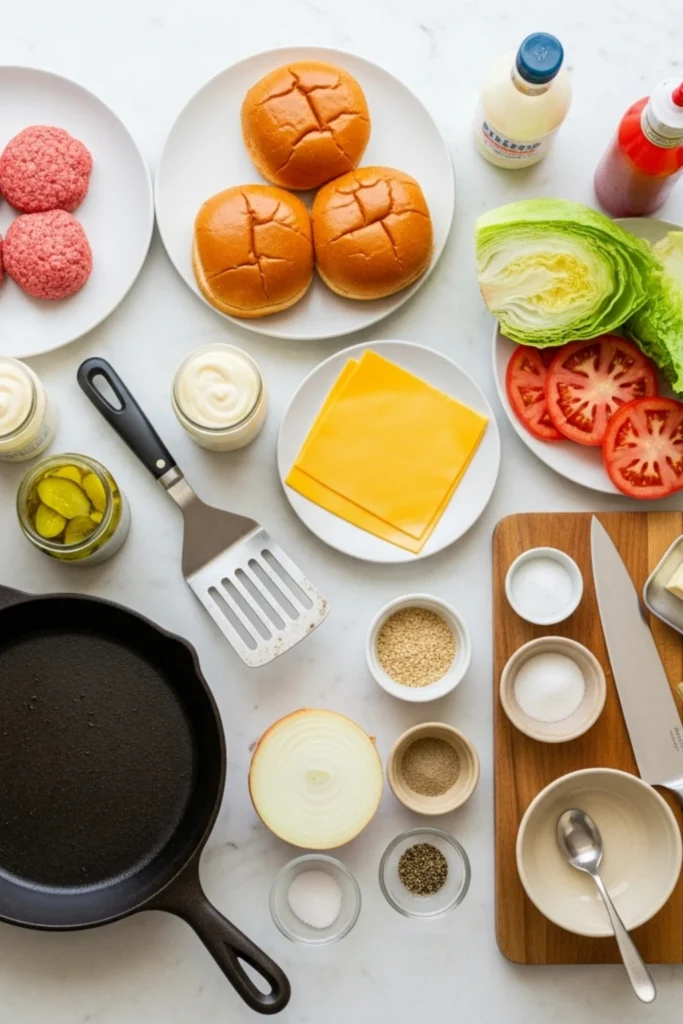 Juicy Homemade In-N-Out Burger Recipe (Better-Than-Drive-Thru) 1 Ingredients & tools for copycat In-N-Out burgers, flat-lay on marble: beef patties, brioche buns, cheese, fresh produce, sauces, skillet, spatula.