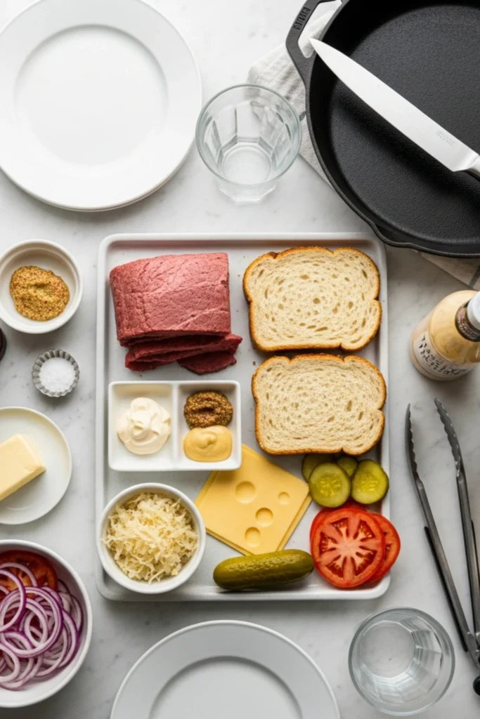 Juicy Homemade Corned Beef Sandwich Recipe Ready in 20 Min 1 Top-down flat lay of corned beef sandwich ingredients: sliced corned beef, rye bread, Swiss, sauerkraut, pickles, mustards, mayo, tomato, onion, butter. Tools like skillet, knife on marble.
