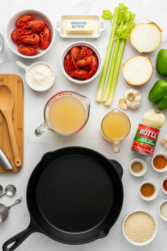 Buttery Crawfish Étouffée Recipe Ready in 40 Minutes 1 Overhead of Crawfish Étouffée ingredients: crawfish, trinity, spices, rice, Rotel, broths, butter, and cast iron skillet on white marble counter.