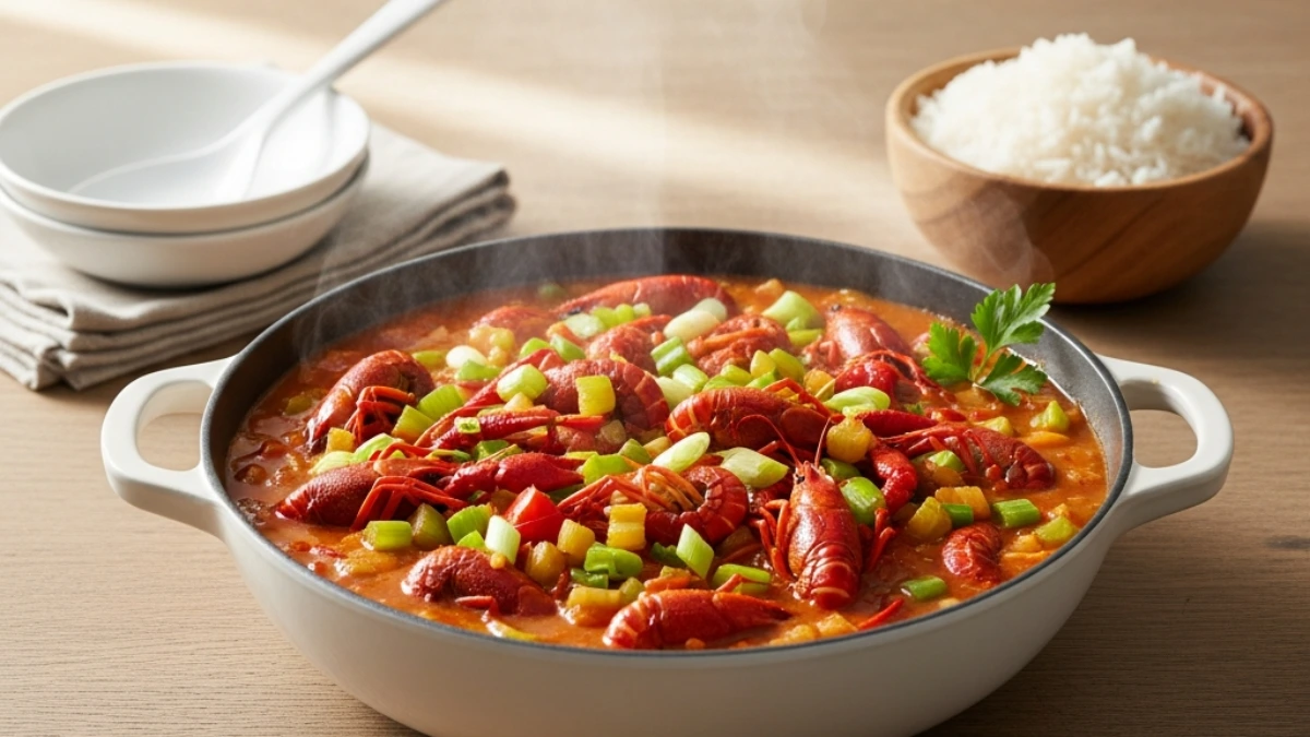 Steaming crawfish étouffée in a white skillet, garnished with green onions and bell peppers, served with white rice on a wooden table.