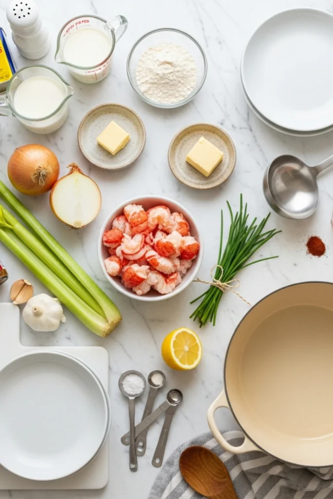 Creamy Lobster Stew Recipe Ready in 45 Minutes (Restaurant-Style) 1 Top-down flat lay of creamy lobster bisque ingredients: raw lobster, butter, vegetables, dairy, Old Bay, and Dutch oven on marble.