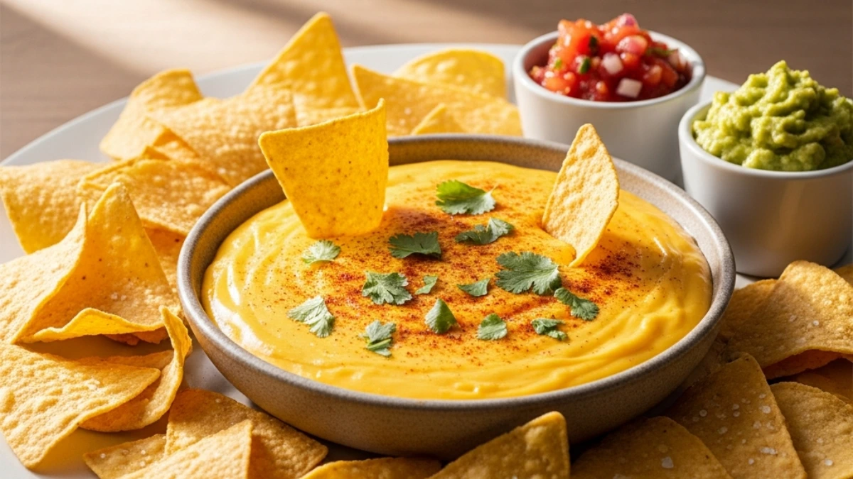 Creamy Mexican restaurant-style queso cheese dip served with crispy tortilla chips, fresh salsa, and rich guacamole.