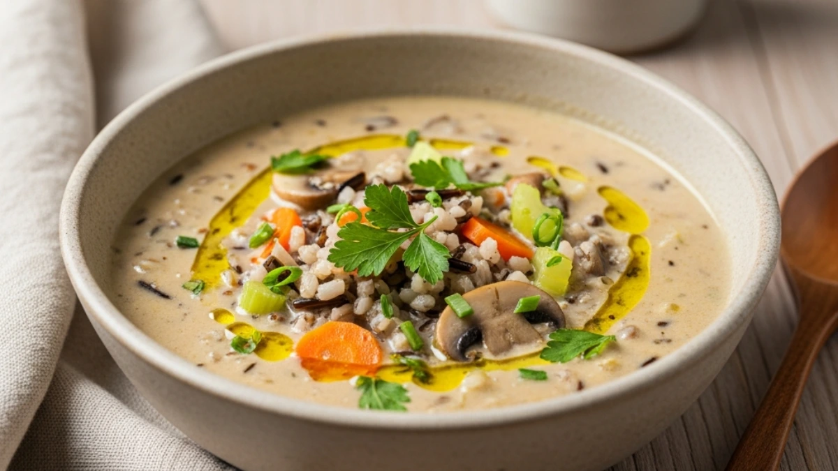 Creamy wild rice soup with mushrooms, carrots, celery, and fresh herbs, drizzled with olive oil, served in a rustic bowl on a wooden table with a linen napkin.