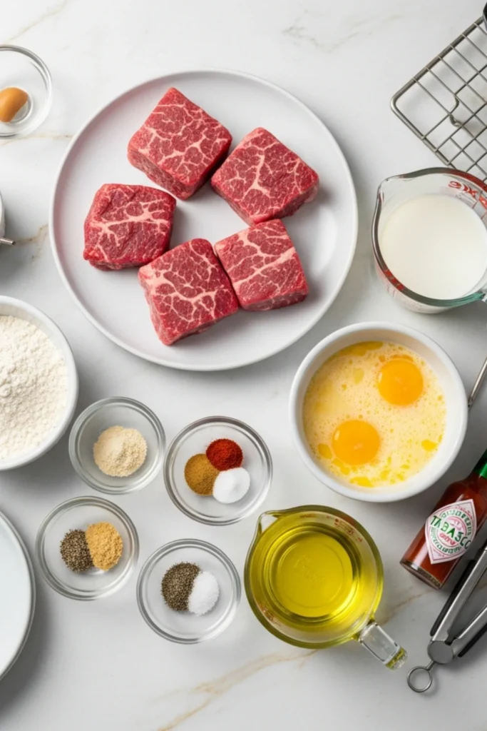 Golden Crispy Chicken Fried Steak Recipe in 45 Min 1 High-quality food photo of Create a 9:16 overhead shot of all ingredients for chicken fried steak on a white marble countertop with subtle gold veining and natural window lighting. Include: 4 raw cube steaks on a white plate, 2 small white bowls (one with all-purpose flour, one with beaten eggs and buttermilk mixture), small glass bowls containing garlic powder, onion powder, paprika, cayenne pepper, black pepper, and salt, a glass measuring cup with whole milk, a small bottle of hot sauce, and a clear measuring cup with vegetable oil. Also show a cast iron skillet, wire cooling rack, meat thermometer, whisk, and tongs arranged naturally. Shot with iPhone 15 Pro with bright, even natural lighting, crisp focus, professional food photography style with clean composition..
