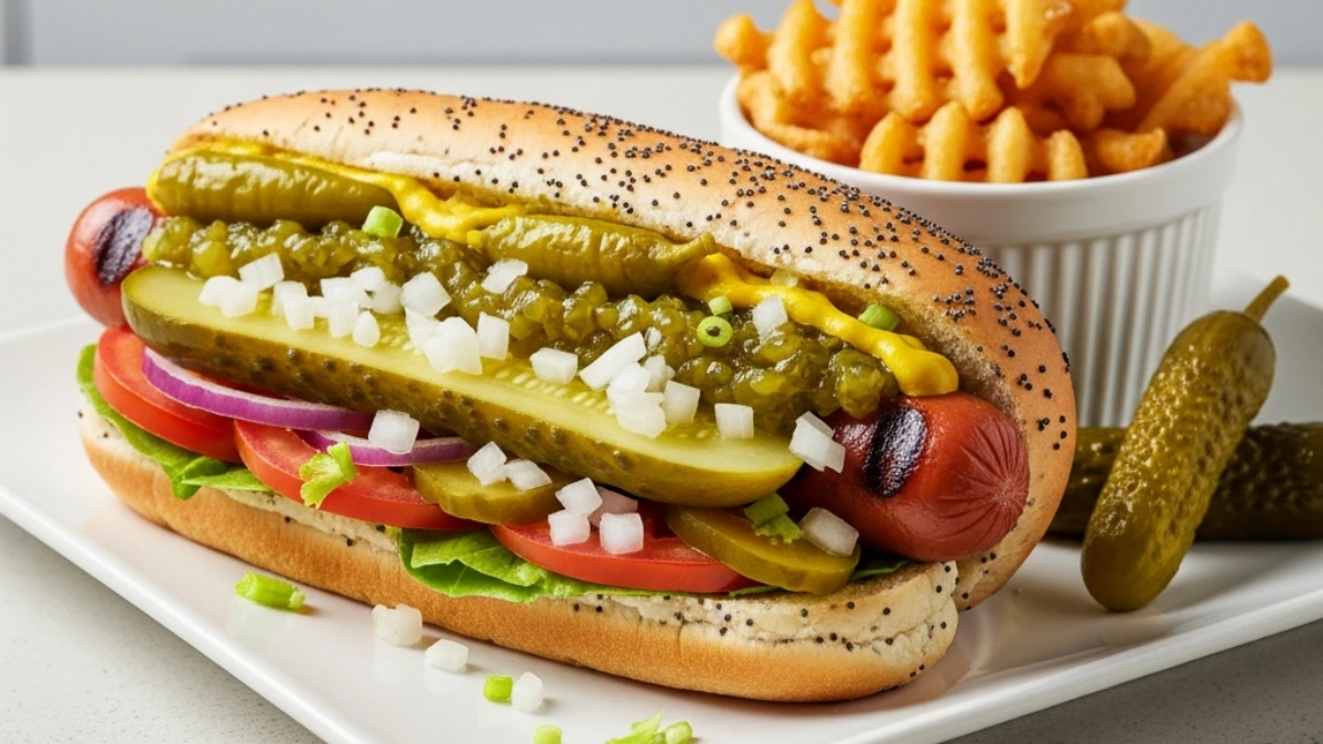 Chicago-style hot dog with grilled frank, poppy seed bun, mustard, relish, pickle, onion, tomato, lettuce, served with golden waffle fries.
