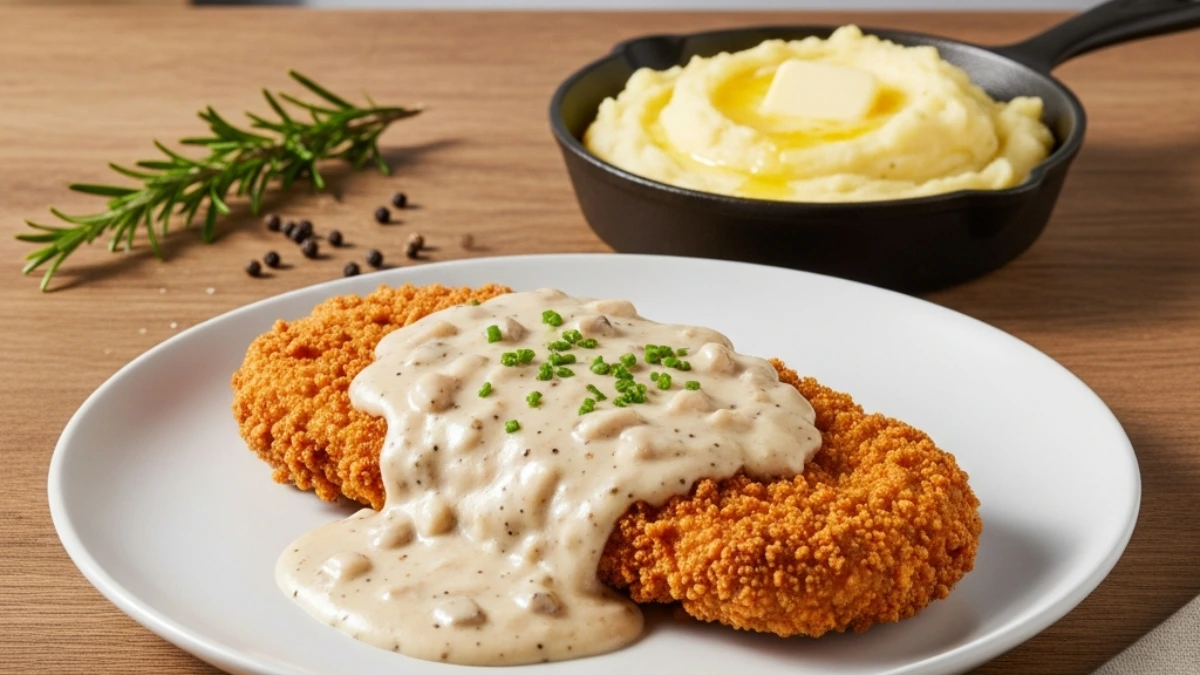 Southern chicken fried steak covered in mushroom country gravy, served with creamy mashed potatoes in a small black skillet on a rustic wooden table.