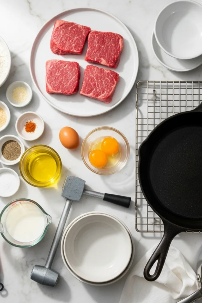 Crispy Chicken Fried Steak Recipe in 55 Minutes 1 Crispy chicken fried steak smothered in pepper gravy, served with creamy mashed potatoes and fresh asparagus on a white plate.