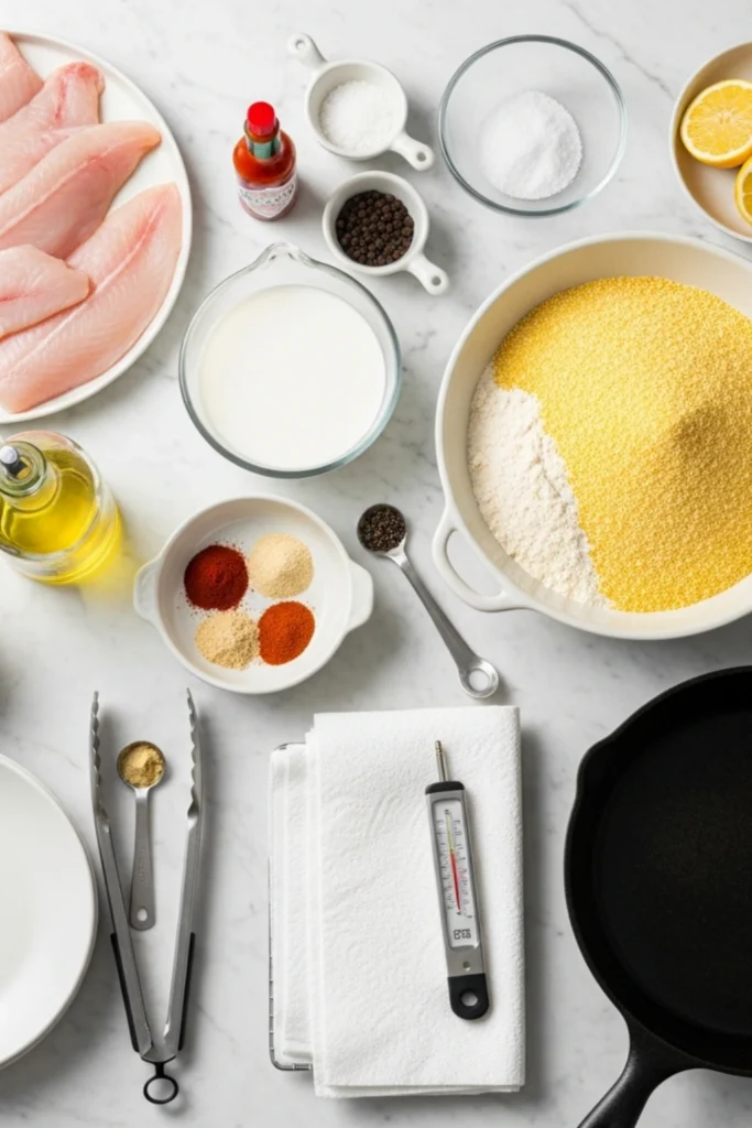 Golden Fried Catfish Recipe (Crispy Southern-Style in 30 Min) 1 Crispy golden fried catfish fillets served on white plates with tartar sauce, fresh lemon, and parsley, ready to eat.