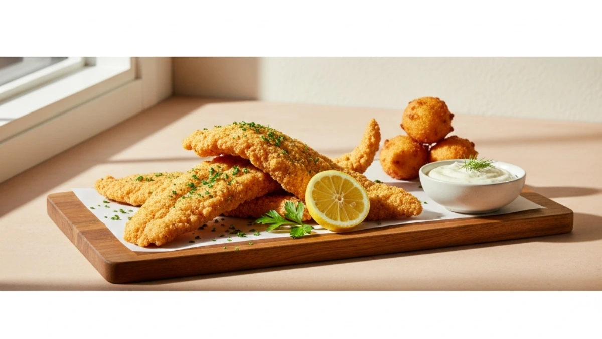 Southern fried catfish fillets served on a wood board with golden hushpuppies, fresh lemon, and a bowl of creamy tartar sauce.