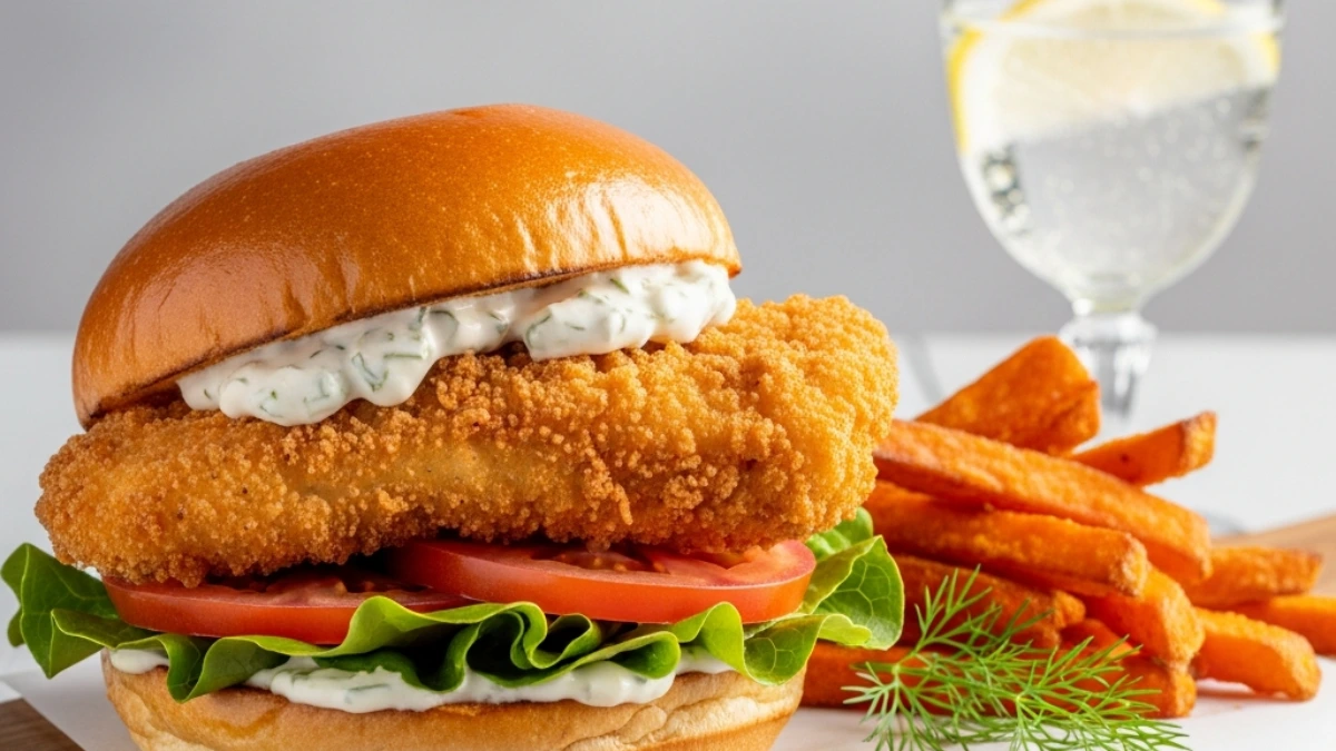 Crispy fried grouper fish sandwich on brioche with lettuce, tomato, tartar sauce, sweet potato fries, and lemon water.