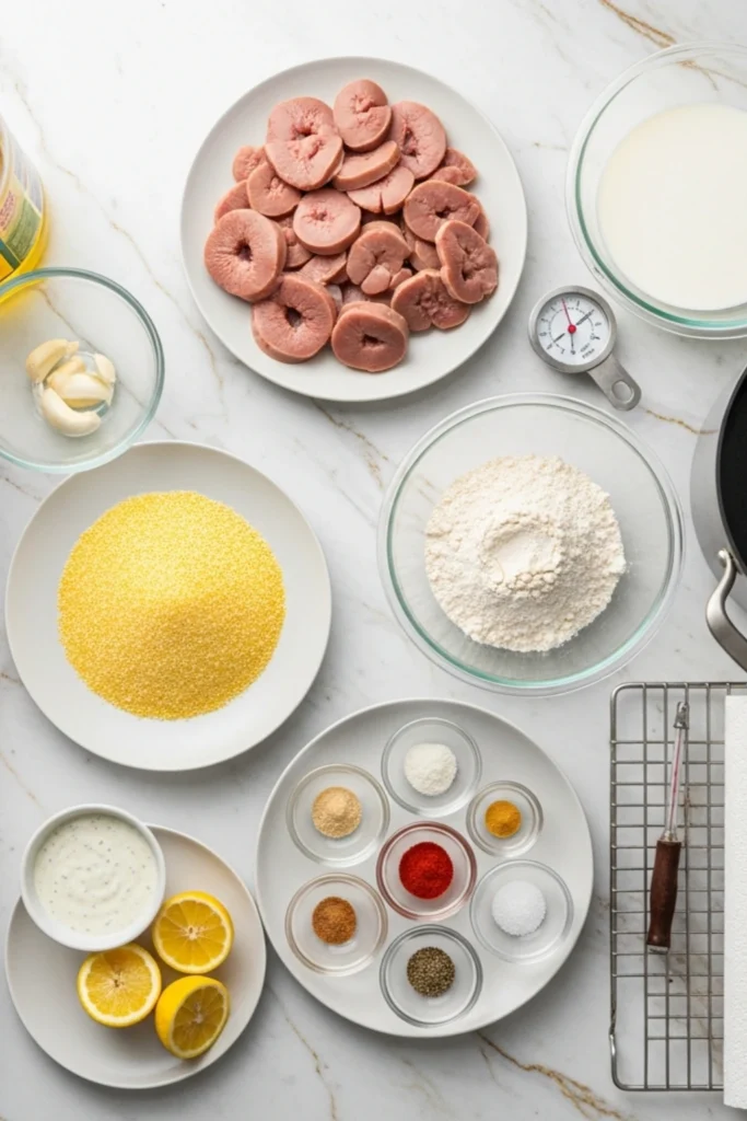 Rocky Mountain Oysters Recipe You'll Actually Want to Make 1 Crispy, golden-brown Rocky Mountain oysters (bull fries) served hot with visible steam, a side of pink tangy dipping sauce, and a fresh lemon wedge on a white plate.