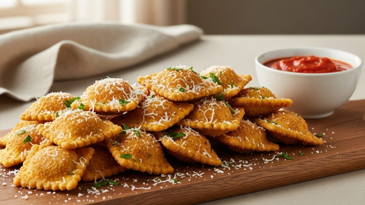 Crispy golden toasted ravioli (T-ravs) piled high on a wooden board, garnished with Parmesan and fresh herbs, served with marinara sauce.