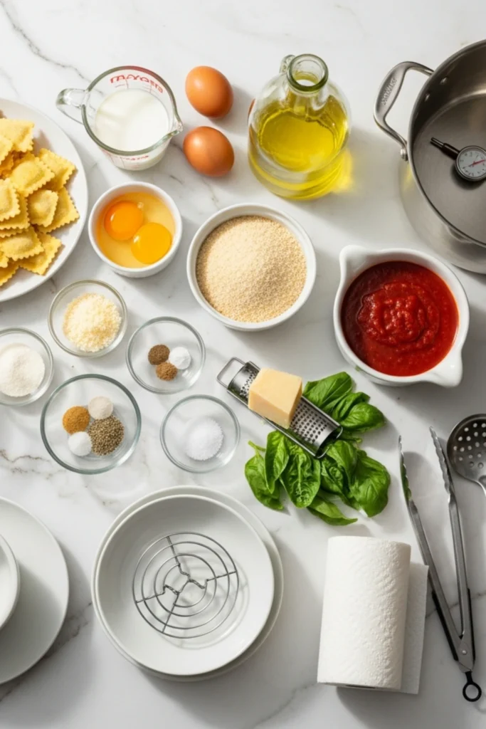 Crispy Toasted Ravioli Recipe (T-ravs in 30 Min) 1 Golden brown toasted ravioli (T-ravs) sprinkled with Parmesan cheese and parsley, served on a white plate with a side of thick marinara dipping sauce.