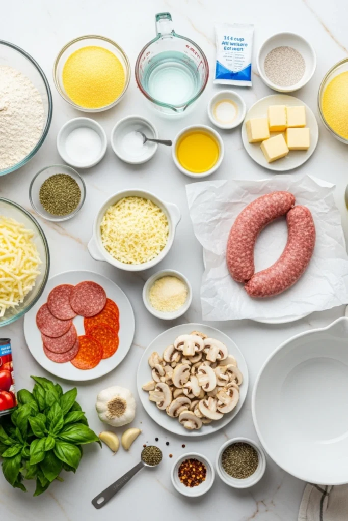 Buttery Chicago Deep-Dish Pizza Recipe in 90 Minutes 1 Overhead ingredients flat lay for Chicago deep-dish pizza with sausage, cheese, tomatoes, and spices on marble.