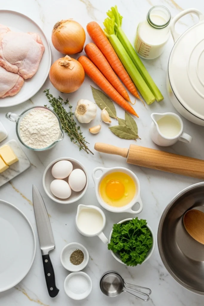 Slippery Delaware-Style Chicken and Dumplings Recipe in 90 Min 1 Delaware chicken and dumplings ingredients flat lay: raw chicken, flour, eggs, butter, vegetables, spices, and Dutch oven on marble.