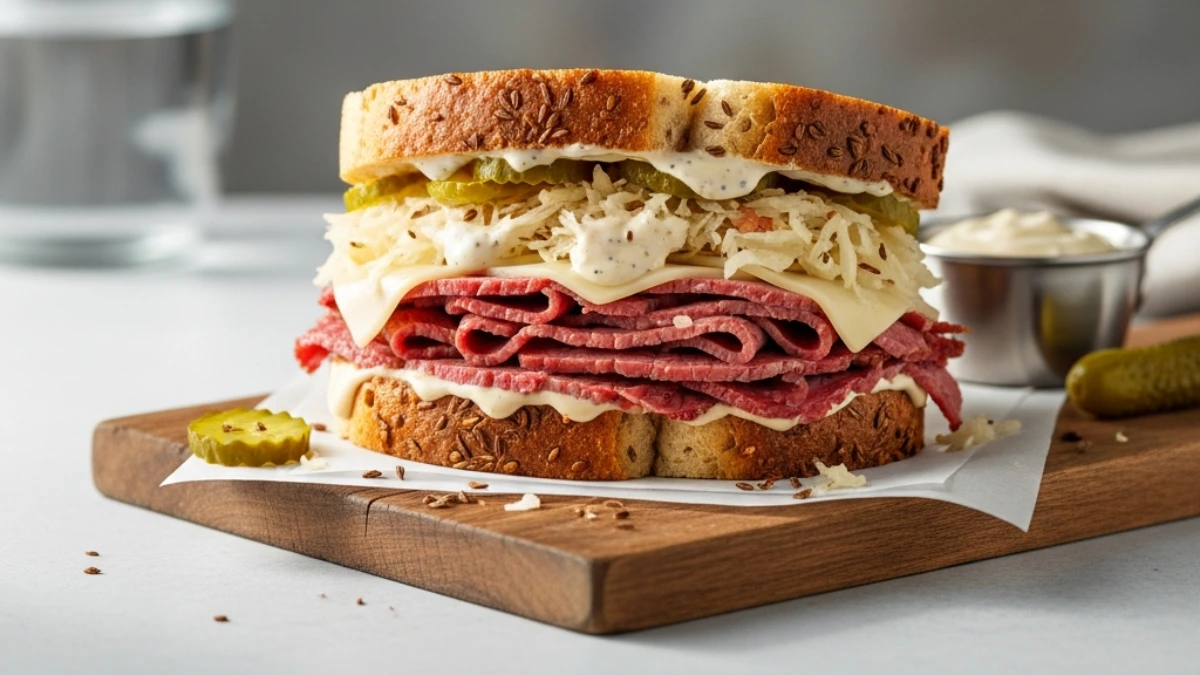 Delicious corned beef sandwich on seeded rye with Swiss cheese, tangy sauerkraut, creamy dressing, and dill pickles on a wooden board.