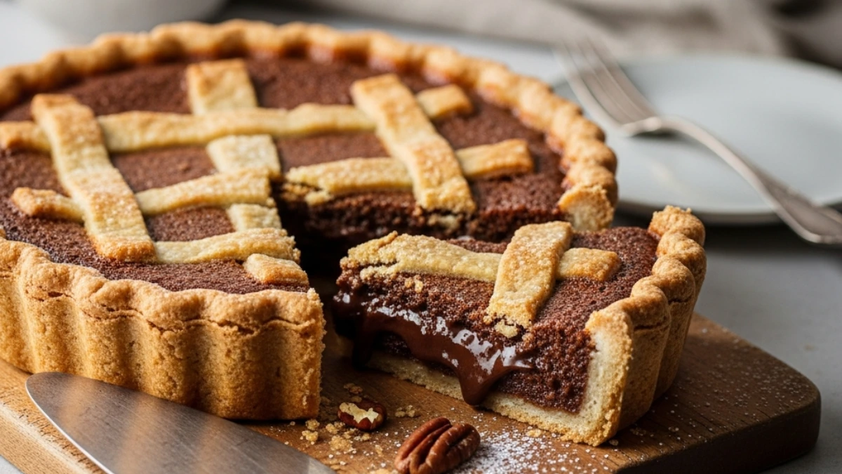 Derby pie with a rich chocolate pecan filling, a slice removed to show gooey center, on a wooden board with server and pecans.