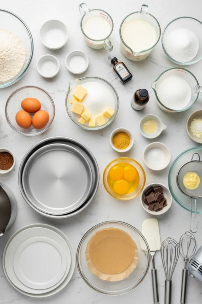 Silky Boston Cream Pie Recipe in 90 Minutes 1 Overhead flat lay of cake baking mise en place: flour, sugar, milk, eggs, butter, chocolate, and tools (mixer, pans, whisks) on white marble.