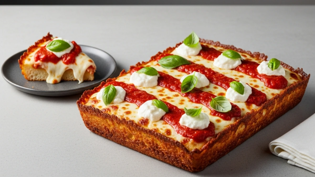 Whole Detroit-style pizza with crispy caramelized crust, racing stripes of tomato sauce, fresh mozzarella, and basil. A single slice sits on a plate.