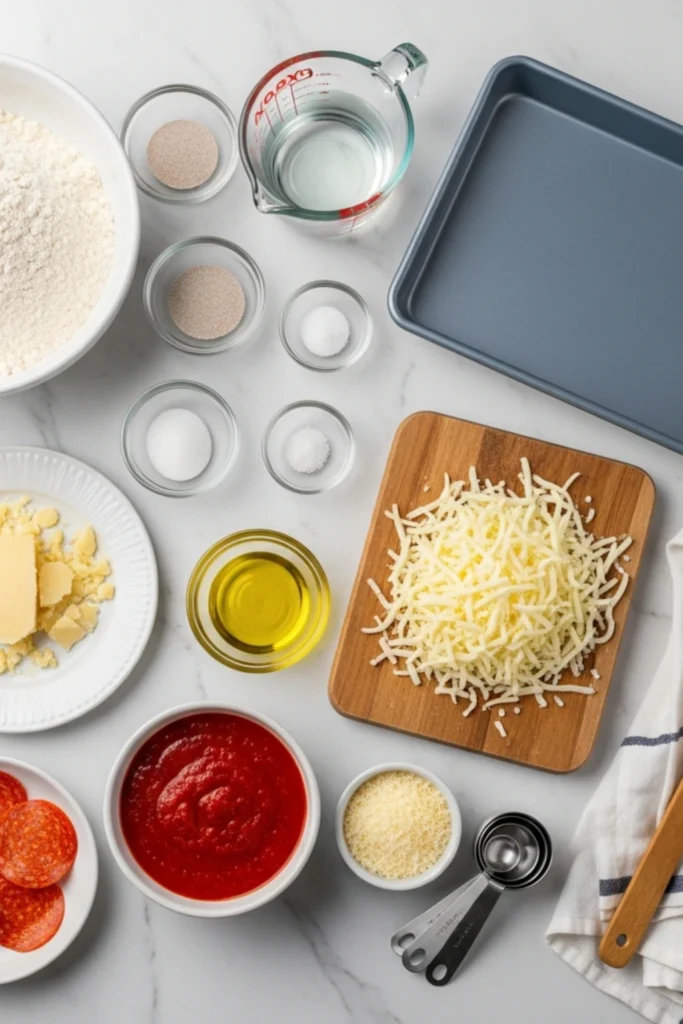 Crispy Detroit-Style Pizza Recipe in 90 Minutes 1 Overhead view of all ingredients for Detroit-style pizza dough and toppings, including brick cheese, sauce, pepperoni, and pan.