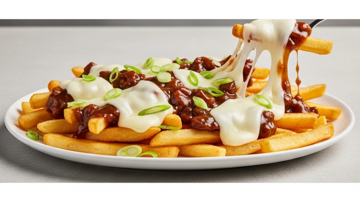 Plate of classic disco fries with golden french fries, rich gravy, gooey melted cheese, and fresh green onions. A fork lifts stringy cheese.