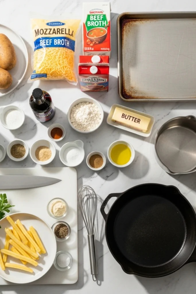 Easy Disco Fries Recipe -- Crispy, Cheesy Comfort Food in 40 Min 1 Ingredients for Disco Fries laid out on a marble countertop: russet potatoes, mozzarella, beef broth, butter, spices, skillet, and baking sheet.