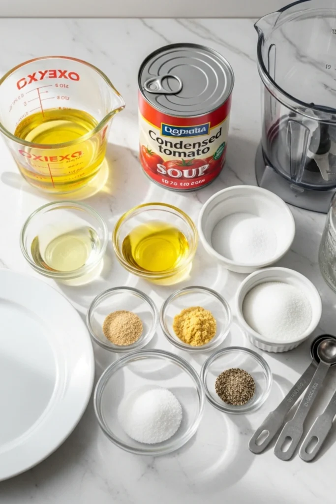 Sweet & Tangy Dorothy Lynch Dressing Recipe in 5 Minutes 1 Homemade Dorothy Lynch salad dressing ingredients (tomato soup, oil, vinegar, spices) flat lay on marble counter with blender.