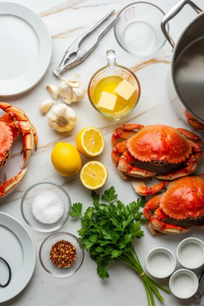 Buttery Dungeness Crab Recipe in 30 Minutes 1 Top-down mise en place for Dungeness crab with butter, lemons, garlic, parsley, salt, pepper flakes, pot, and nutcracker on white marble.