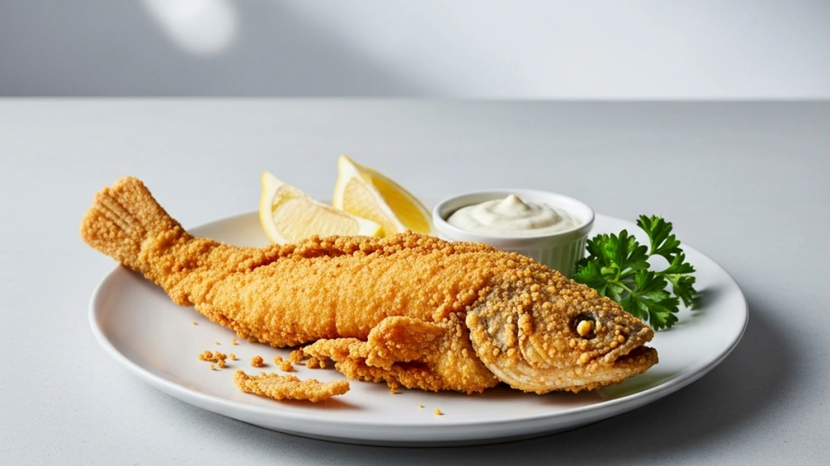 Whole fried catfish served on a white plate with a crunchy golden coating, accompanied by lemon wedges, parsley, and a side of tartar sauce.