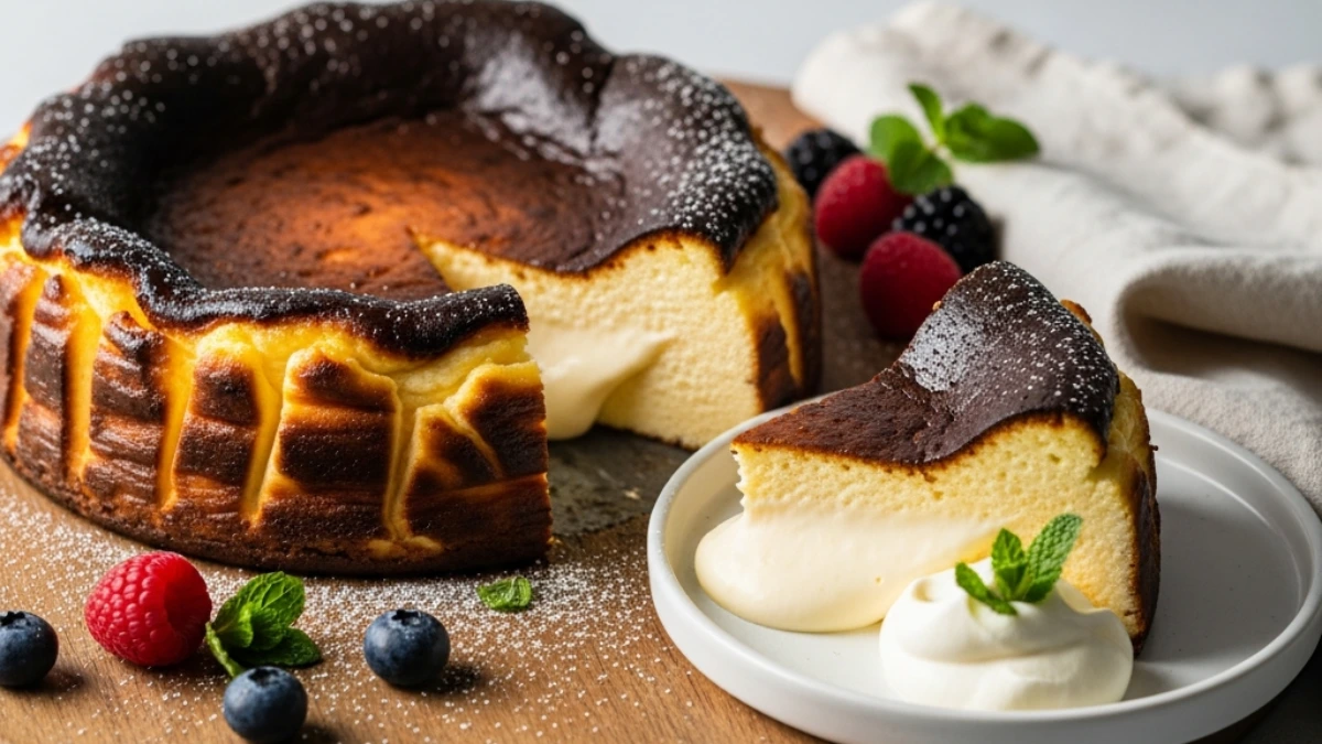 Wide shot of a whole Basque burnt cheesecake (tarta de queso) with a slice cut out, showing its creamy center. Garnished with berries, mint, and fresh whipped cream on a wooden board.
