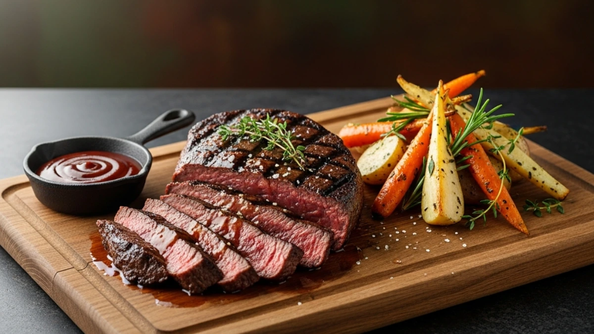 Medium-rare bison steak sliced on a wooden board, topped with rosemary and sea salt, served with roasted root vegetables and chimichurri sauce.