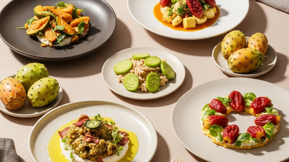 Modern spread of prickly pear (nopal and tuna) dishes: savory salads, bright appetizers, and roasted fruit entrees on neutral plates.