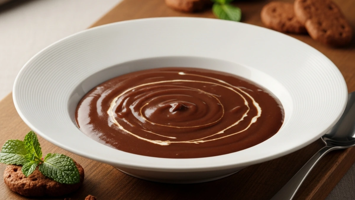 A rich chocolate gravy in a white bowl with elegant cream swirls, served on a wooden board with chocolate cookies and fresh mint.