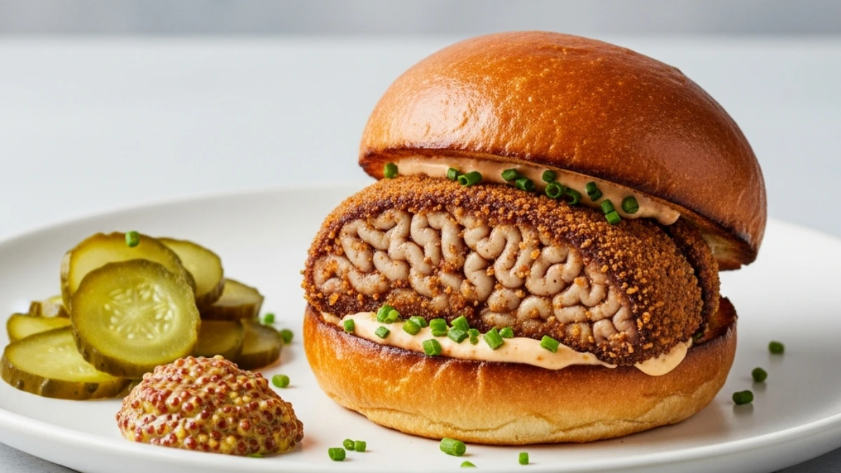 A rare fried brain sandwich on a brioche bun with creamy sauce and chives, served on a white plate with sliced dill pickles and whole grain mustard.
