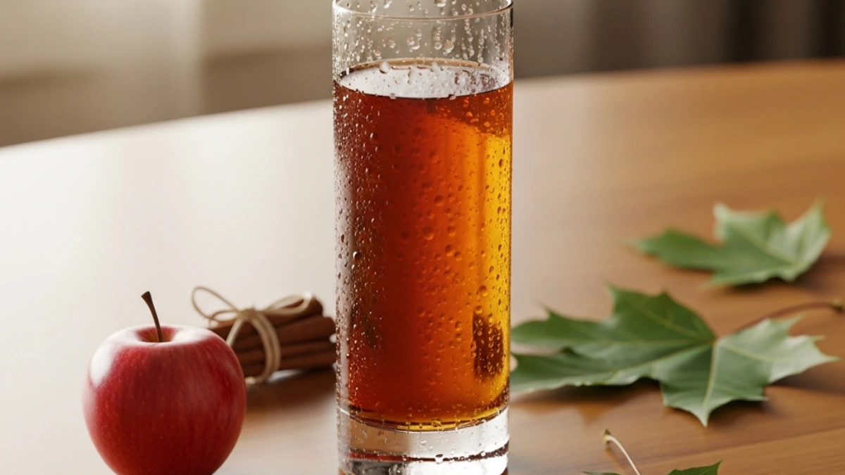 Glass of cold apple cider with condensation, a fresh red apple, cinnamon sticks, and green maple leaves on a wooden table.