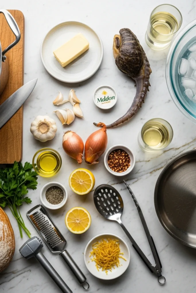 Buttery Geoduck Recipe Ready in 30 Min (Pacific Northwest Clam) 1 Flat lay of geoduck sauté ingredients: fresh geoduck, butter, garlic, lemon, white wine, sourdough, olive oil & cooking tools on marble.