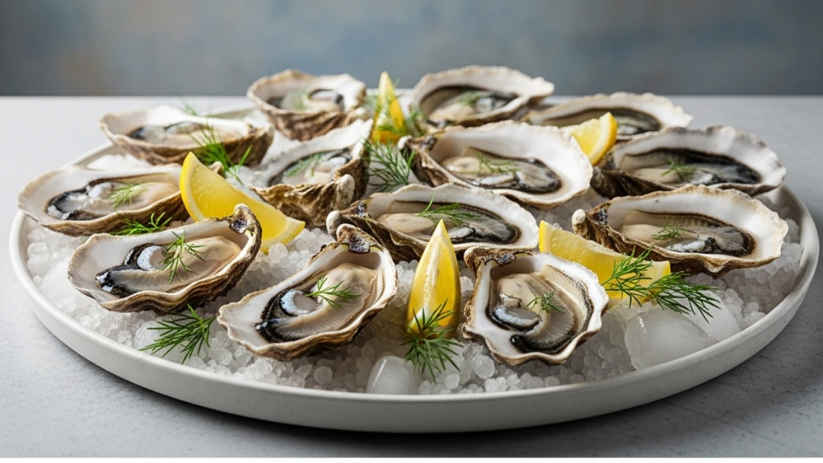 Platter of fresh Pacific oysters on the half shell served chilled on a bed of crushed ice with lemon wedges and dill garnish.