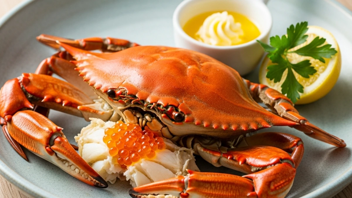 Whole steamed blue crab on a plate, featuring lump meat topped with bright ikura (salmon roe), melted butter, and a lemon slice.