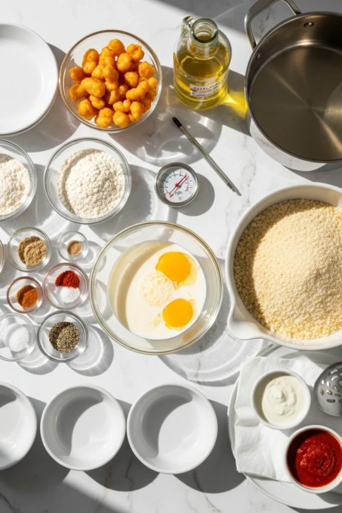 Fried Cheese Curds Recipe (Crispy Golden Perfection) 1 Overhead flat lay of all ingredients and tools for homemade fried cheese curds: flour, eggs, spices, oil, pot, and sauces on white marble.