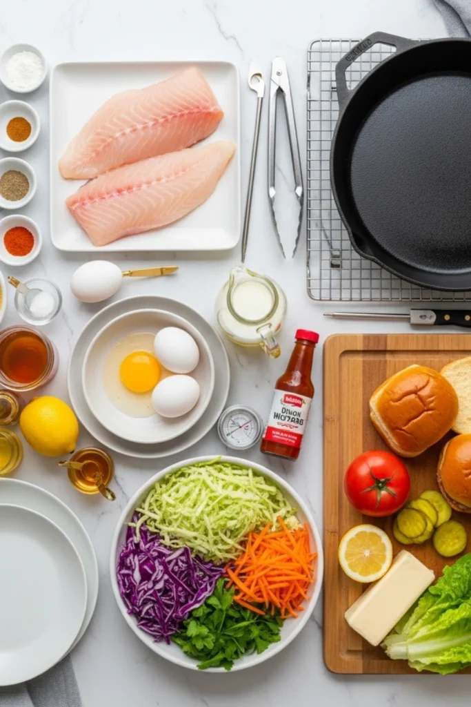 Crispy Grouper Sandwich Recipe Ready in 30 Minutes 1 Flat lay of fresh ingredients for crispy fried grouper sandwiches with homemade coleslaw. Raw fillets, breading, veggies, buns, skillet, and tools on marble with gold accents.