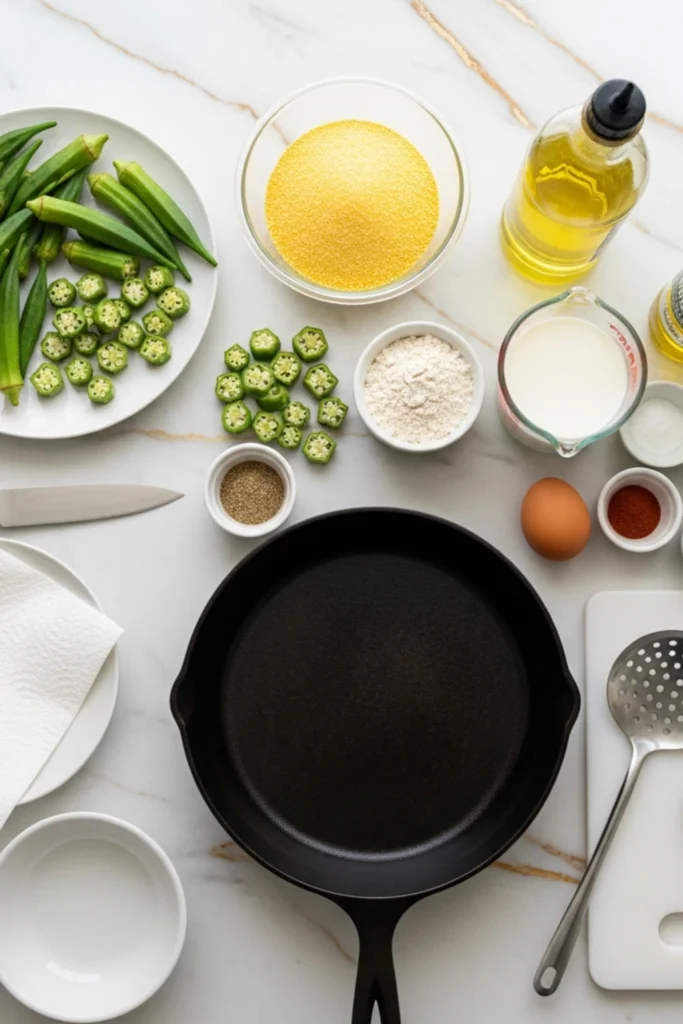 Crispy Fried Okra Recipe (Golden & Never Slimy) 1 Overhead view of fresh okra, cornmeal, flour, buttermilk, and southern spices arranged around a cast-iron skillet on white marble.