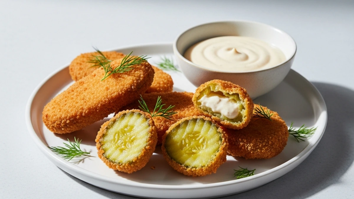 Crispy deep-fried pickle chips or spears on a white plate with fresh dill sprigs and a side of creamy dipping sauce. One pickle is sliced open.