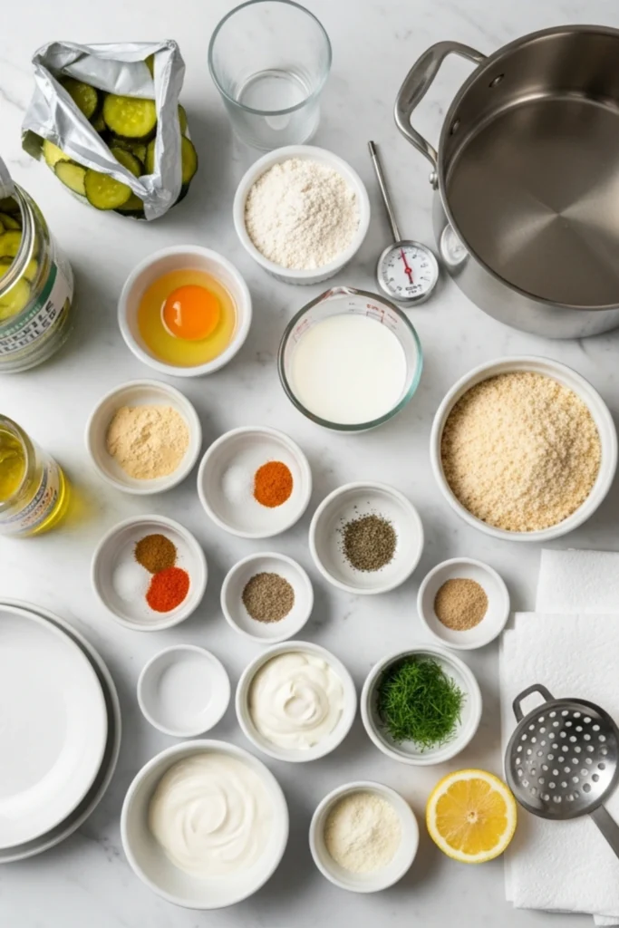 Crispy Fried Pickles Recipe (Ready in 15 Minutes) 1 Fried pickles recipe prep layout: panko, flour, eggs, spices, buttermilk, and dipping sauce ingredients arranged neatly on a white marble counter.