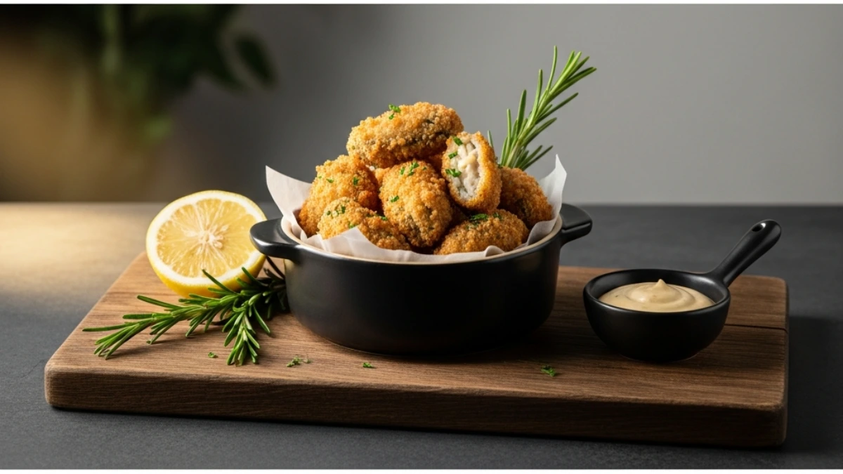 Wide shot of deep-fried Rocky Mountain oysters appetizer in a black pot, garnished with fresh rosemary and lemon slice, served with creamy dipping sauce on a wooden board.