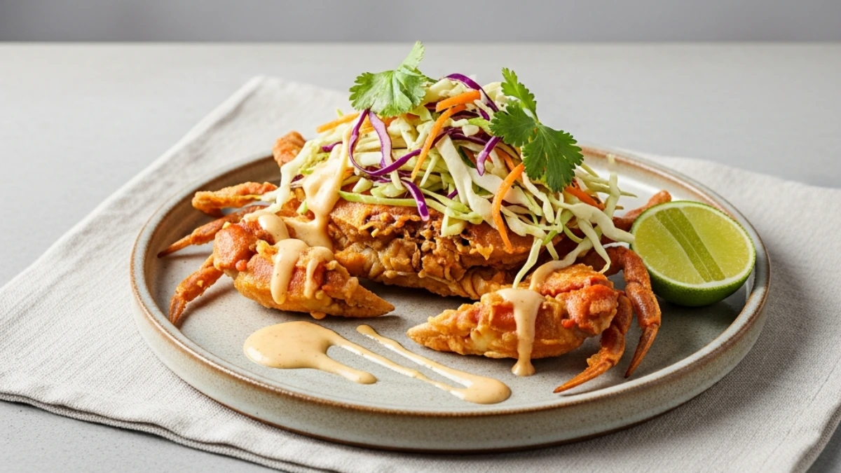 Crispy fried soft shell crab topped with a fresh, colorful coleslaw, creamy sauce drizzle, and a vibrant lime wedge on a plate.